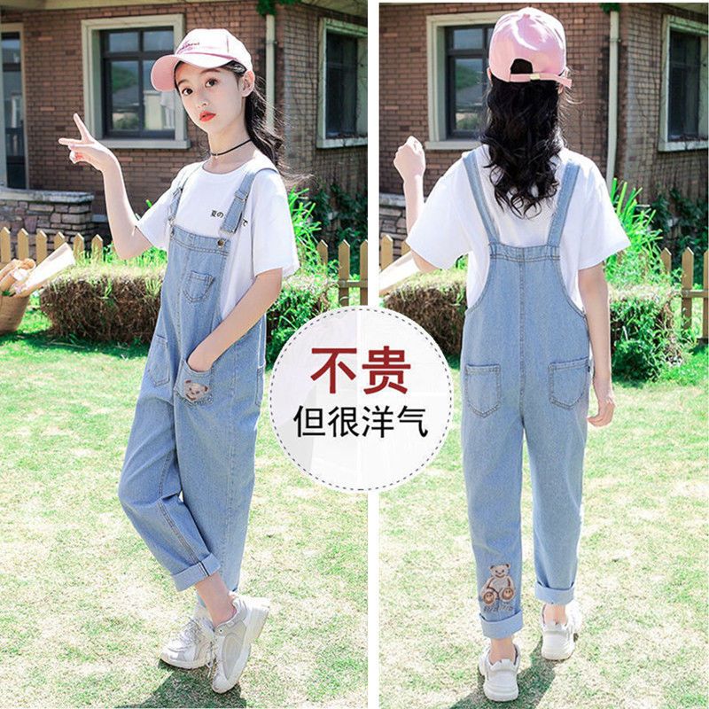 女童牛仔背帶褲春秋夏新款中大童褲子女孩長褲兒童套裝寬鬆兩件套