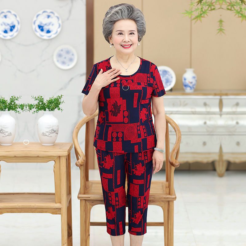 Middle-aged and elderly women's summer clothes, grandma's clothes, summer suits, 60-80-year-old mother's clothes, old lady's two-piece suit