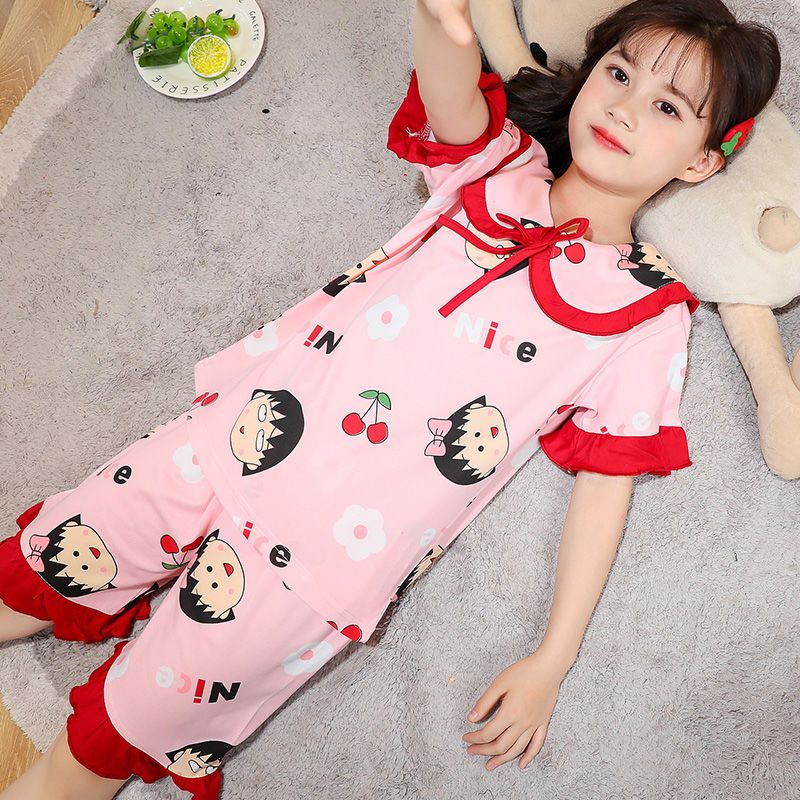 Children's pajamas summer short-sleeved thin suit cartoon cute princess girl baby medium and big children air-conditioning home service