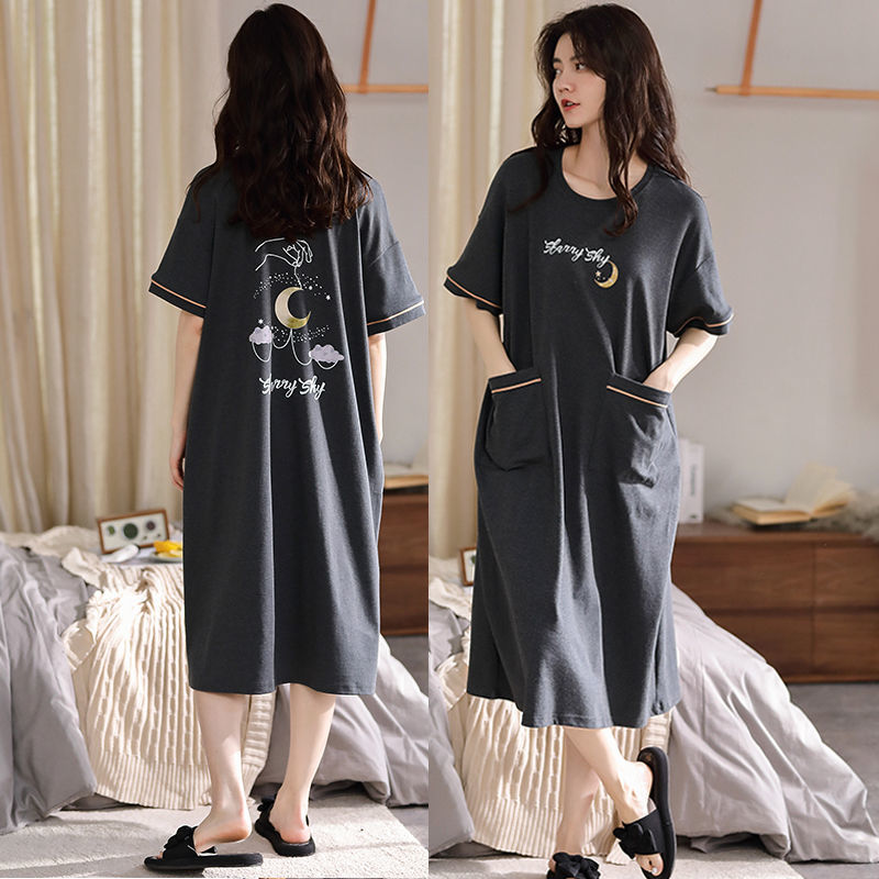 100% cotton nightdress women's summer short-sleeved large size loose Korean pajamas fat mm200 catty summer pregnant women can wear outside