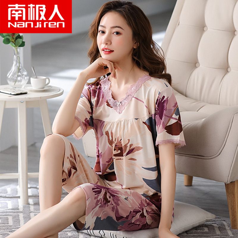 Nanjiren modal pajamas women's summer short-sleeved cropped pants thin section middle-aged mother home service summer suit