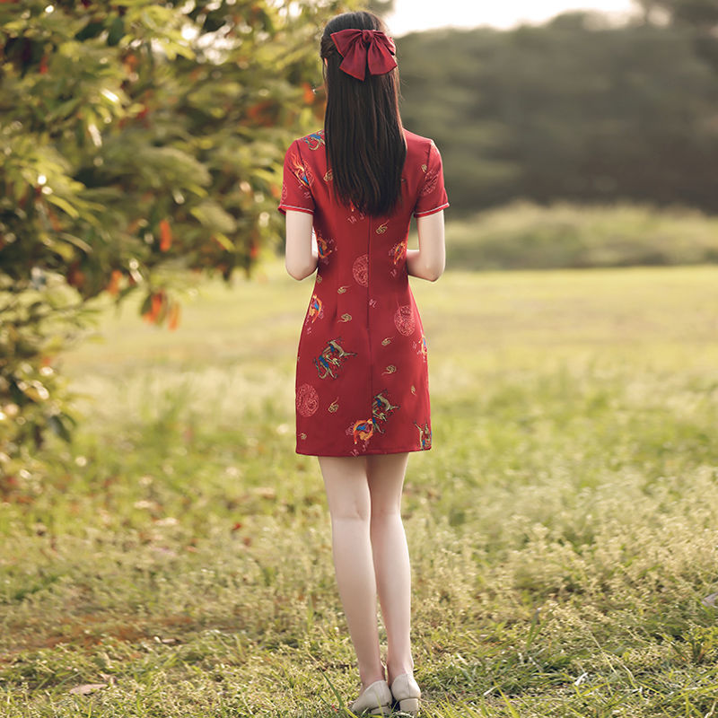 红色旗袍年轻款年新款复古红色中国风小个子国潮夏季短款改良