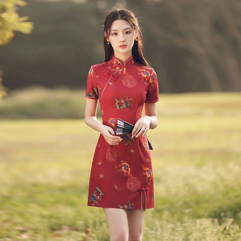 紅色旗袍年輕款2023年新款復古紅色中國風小個子國潮夏季短款改良
