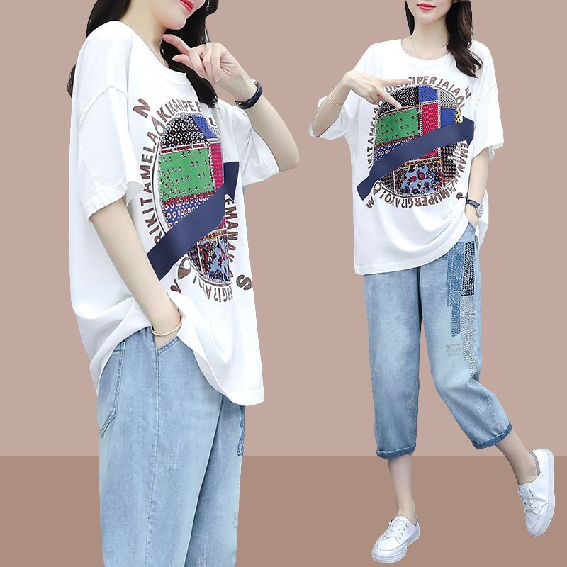單/套裝新款韓版寬鬆大碼拼貼刺繡休閒時尚套裝女夏裝2023年夏季
