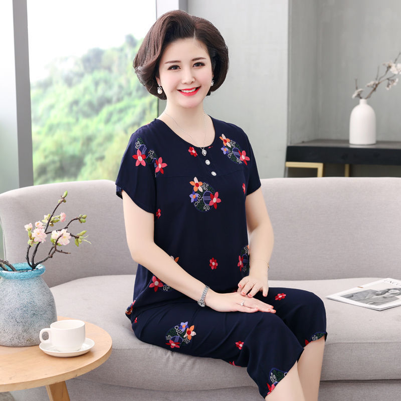 中老年棉綢套裝女媽媽人造棉睡衣家居服奶奶綿綢短袖可外穿兩件套