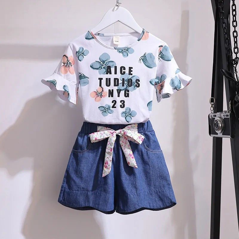 Girls' summer suit, foreign style, fashionable net red girl, Korean version of short-sleeved t-shirt, denim shorts, two-piece set for big children