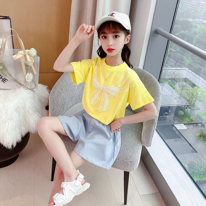 Girls' summer shorts suit foreign style hakama 2022 new children's fashionable loose casual children's clothing two-piece set trend