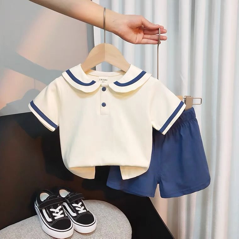 Children's suit summer new kindergarten casual all-match sports boys and girls baby short-sleeved shirt shorts two-piece set trendy