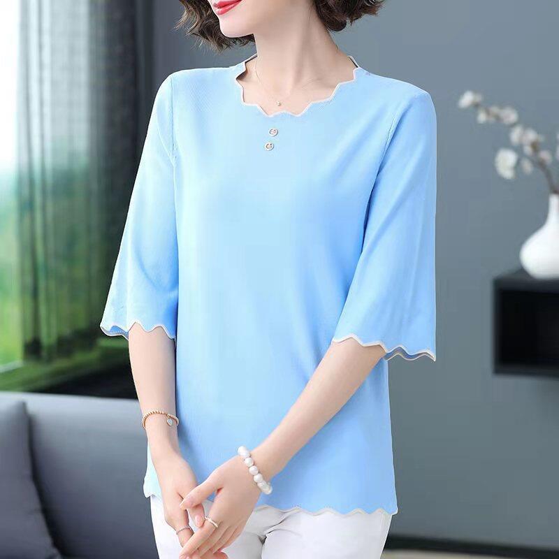  new fashion middle-aged top summer ice silk soft and comfortable half-sleeved age-reducing age-reducing belly water ripple short-sleeved women