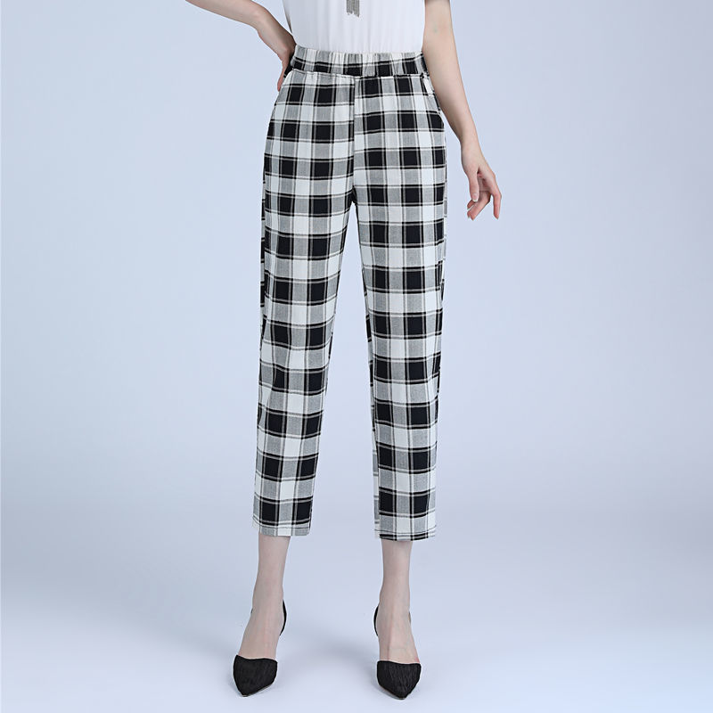 Summer Thin Women's Pure Cotton High Elasticity Seven-point Casual Pants Mother Wear Elastic High Waist Large Size Plaid Casual Pants