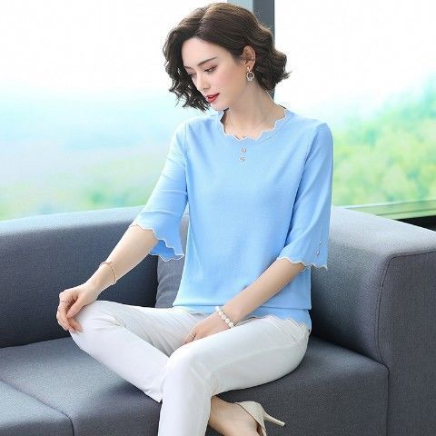  new fashion middle-aged top summer ice silk soft and comfortable half-sleeved age-reducing age-reducing belly water ripple short-sleeved women