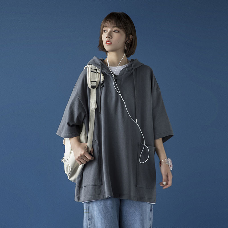 学生日系盐系短袖t恤女设计感小众大口袋复古原宿风宽松半袖卫衣