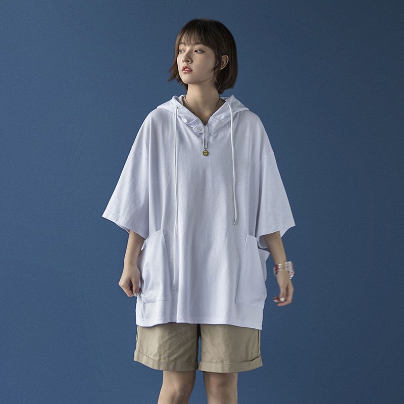 学生日系盐系短袖t恤女设计感小众大口袋复古原宿风宽松半袖卫衣
