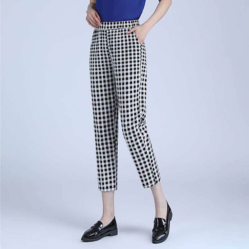 Summer Thin Women's Pure Cotton High Elasticity Seven-point Casual Pants Mother Wear Elastic High Waist Large Size Plaid Casual Pants
