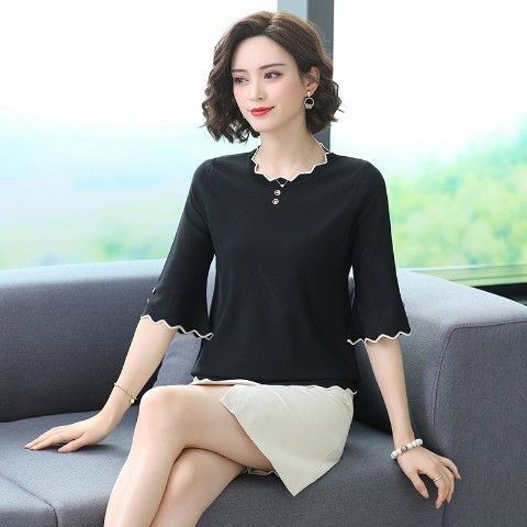  new fashion middle-aged top summer ice silk soft and comfortable half-sleeved age-reducing age-reducing belly water ripple short-sleeved women