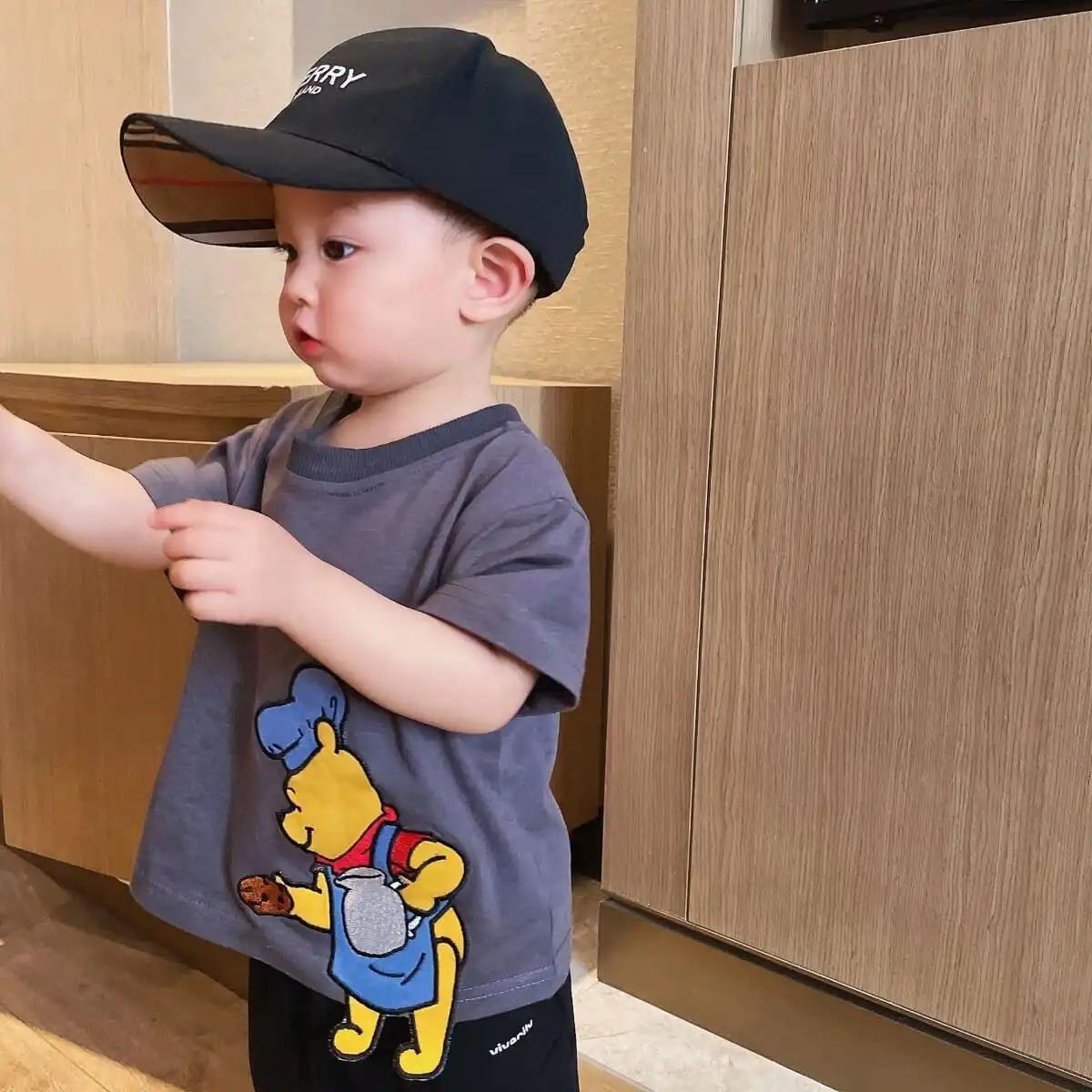 New summer style boy's embroidered cartoon sweater gray middle and small children's short-sleeved t-shirt Korean version of the tide