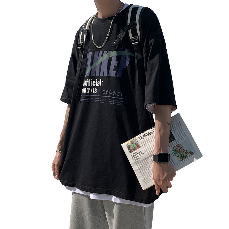100% cotton short-sleeved t-shirt men  summer new Hong Kong style trendy handsome all-match letter print T-shirt