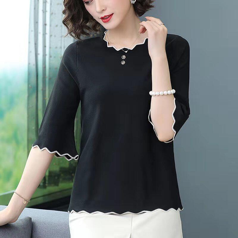  new fashion middle-aged top summer ice silk soft and comfortable half-sleeved age-reducing age-reducing belly water ripple short-sleeved women