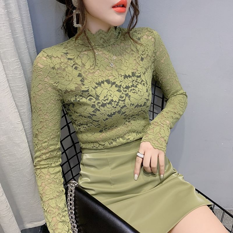 半高領蕾絲打底衫新款洋氣長袖女秋冬百搭輕熟御姐上衣時尚性感
