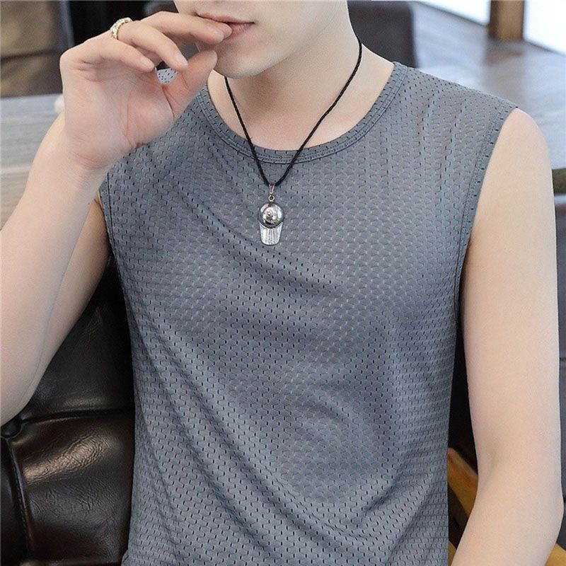 [1-2 pieces] Mesh vest men's summer T-shirt ice silk sports quick-drying wide shoulder vest sleeveless empty T-shirt