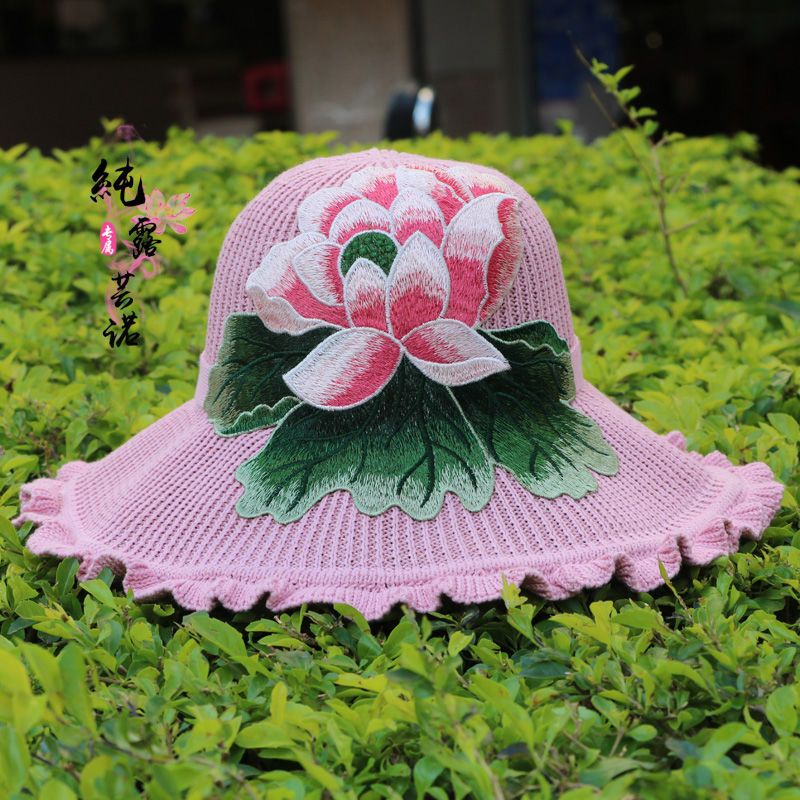 民族风荷花绣花女帽春夏季大檐遮阳帽妈妈帽太阳帽夏秋天中年帽子