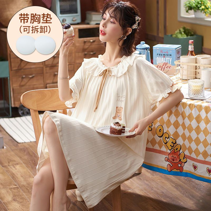 自帶胸墊睡裙女夏季棉質短袖睡衣學生韓版可愛大碼免穿文胸連衣裙