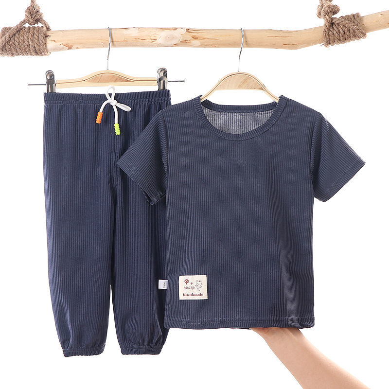 Children's anti-mosquito pants T-shirt set summer children's boys and girls baby ice silk thin section short-sleeved pajamas home clothes