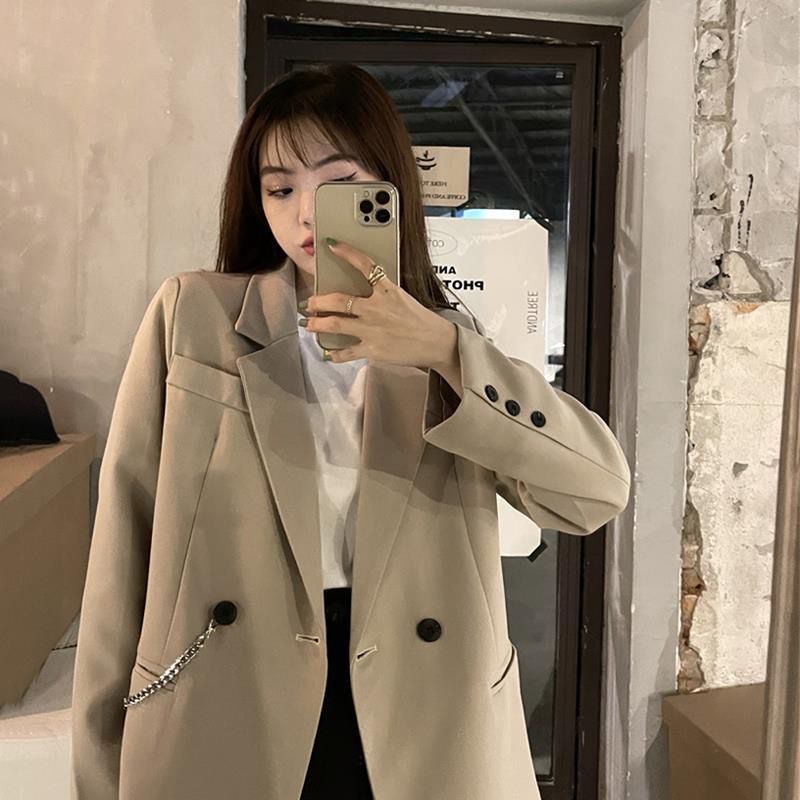  spring new retro Hong Kong style design sense chain loose drape explosion style long-sleeved suit jacket women's trendy cool