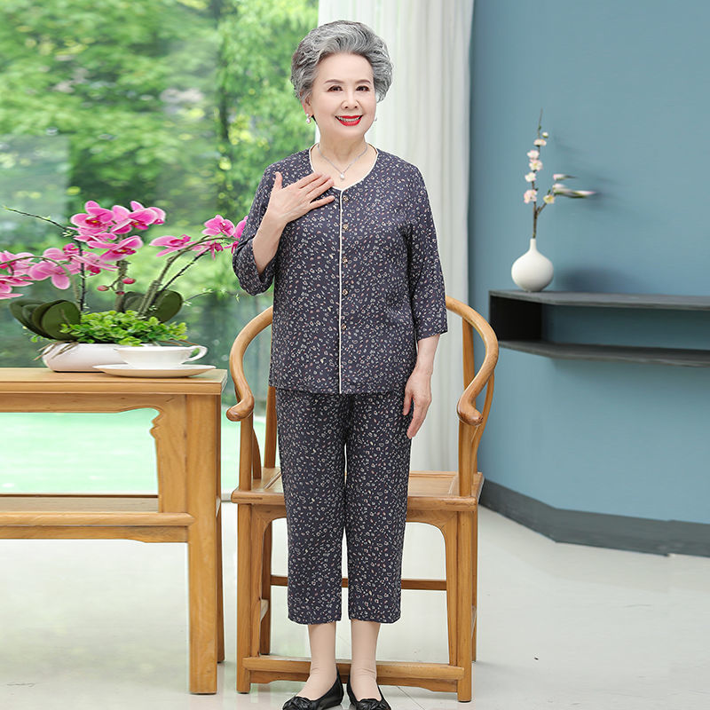 Granny dress summer suit cotton silk middle-aged and elderly women's summer dress women's three-quarter sleeves 60-70 years old wife old mother clothes