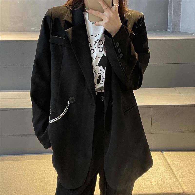  spring new retro Hong Kong style design sense chain loose drape explosion style long-sleeved suit jacket women's trendy cool