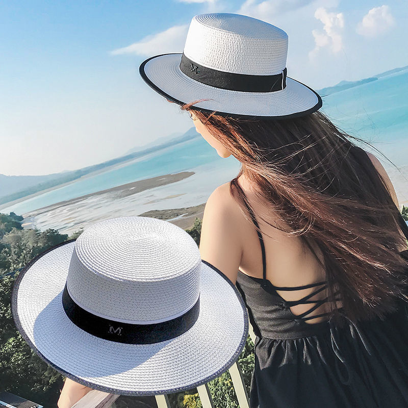 平顶白色草帽女式帽子夏天凉帽平沿小礼帽M标帽子遮阳女款太阳帽