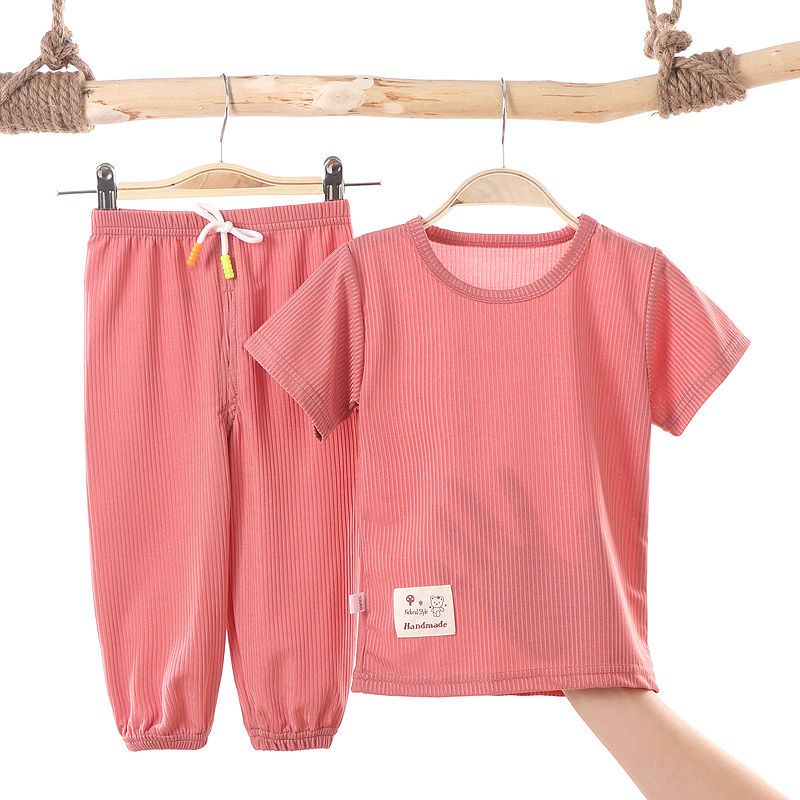 Children's anti-mosquito pants T-shirt set summer children's boys and girls baby ice silk thin section short-sleeved pajamas home clothes