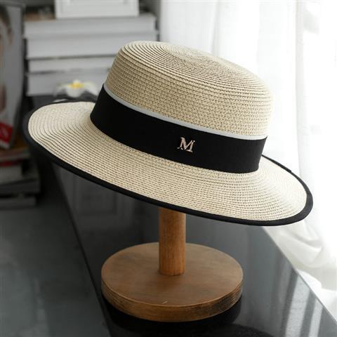 平顶白色草帽女式帽子夏天凉帽平沿小礼帽M标帽子遮阳女款太阳帽