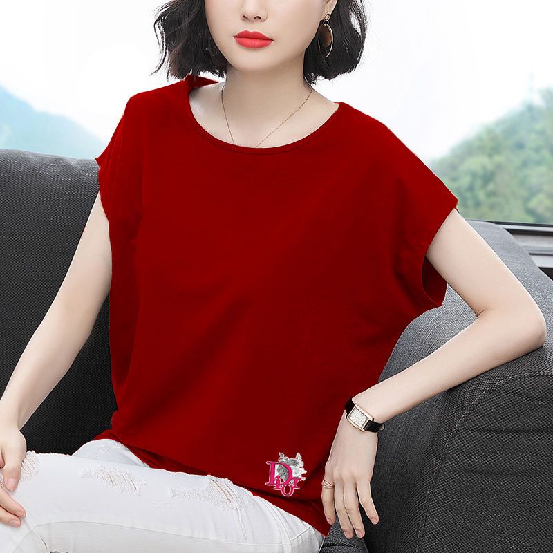 純棉新款2023年夏季女士休閒寬鬆淑女蝙蝠袖洋氣媽媽大碼彈力t恤