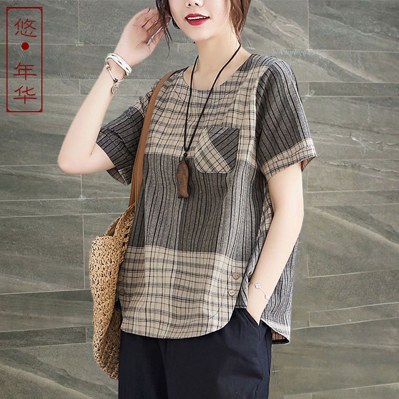 Cotton and linen retro literary tops 2023 summer new plaid loose women's T-shirts versatile fashion short-sleeved T-shirts