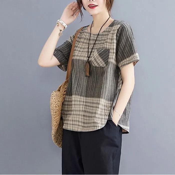 Cotton and linen retro literary tops  summer new plaid loose women's T-shirts versatile fashion short-sleeved T-shirts