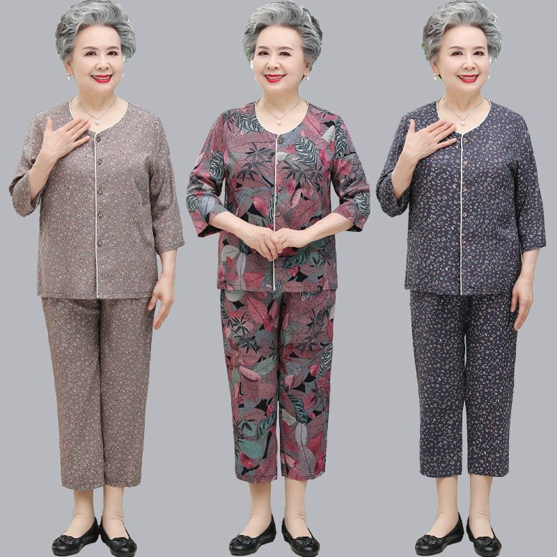 Granny dress summer suit cotton silk middle-aged and elderly women's summer dress women's three-quarter sleeves 60-70 years old wife old mother clothes