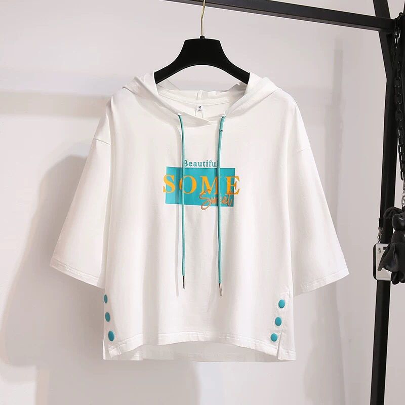 Super hot short-sleeved t-shirt three-quarter sleeves hooded sweater women's mid-sleeve spring and summer Korean fashion loose hooded tops all-match
