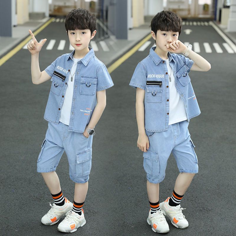 儿童装男童夏装牛仔套装新款中大童夏季短袖男孩两件套韩版潮