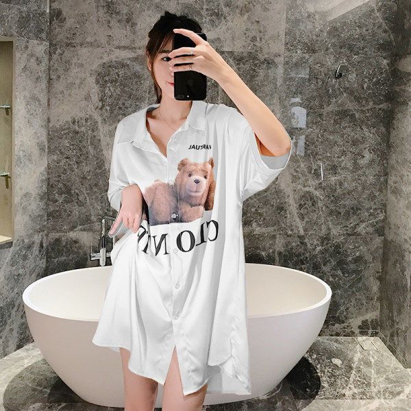 2021 summer new ice silk nightdress short-sleeved loose boyfriend style shirt pajamas cartoon can be worn outside home clothes thin