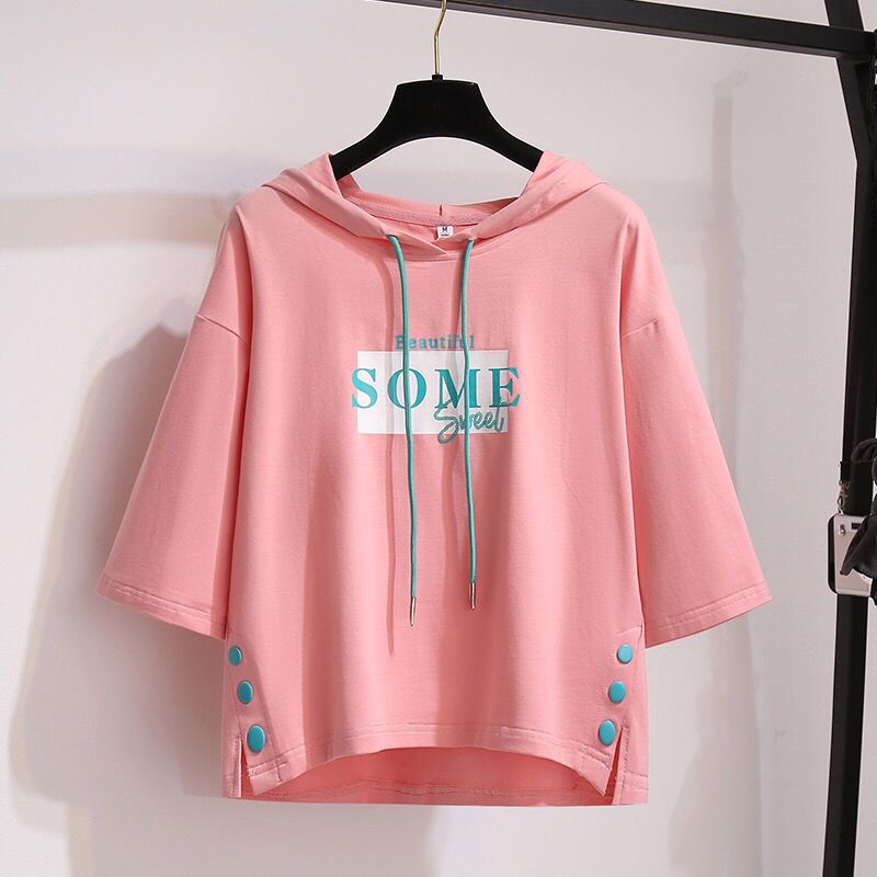 Explosive short-sleeved three-quarter-sleeve hooded sweater women's mid-sleeve 2023 new spring and summer Korean version loose hooded tops all-match