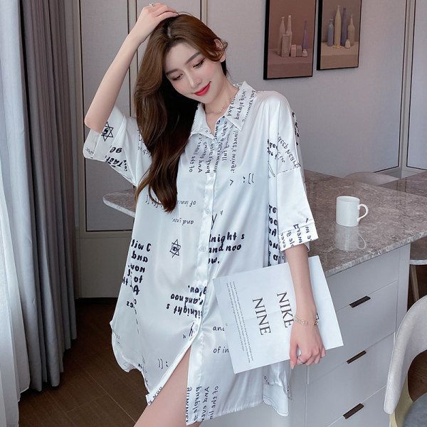 2021 summer new ice silk nightdress short-sleeved loose boyfriend style shirt pajamas cartoon can be worn outside home clothes thin