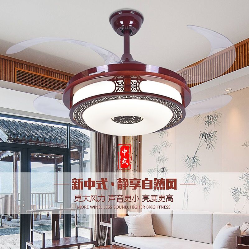 新中式吊扇灯隐形复古风扇灯带电风扇吊灯红木风扇吊灯中式客厅灯