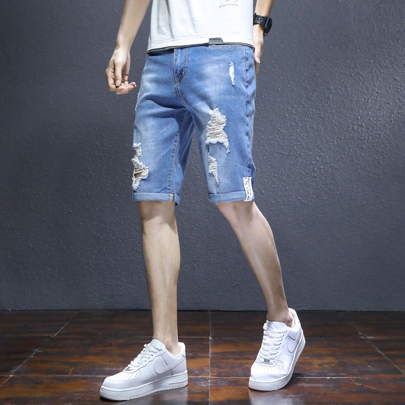 Denim shorts men's thin section ripped five-point jeans men's Korean version loose horse pants trendy teenage trousers