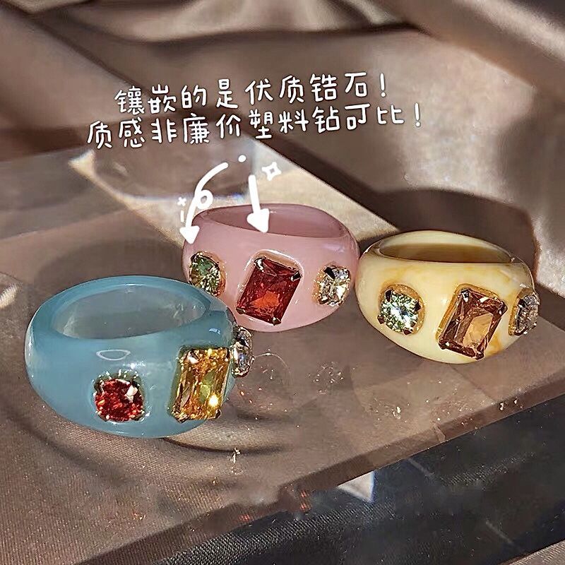 网红爆款ins韩国风糖果色树脂宝石透明少女戒指镶嵌三颗戒指