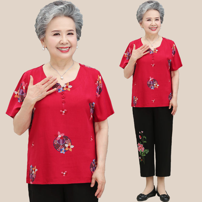 Middle-aged and elderly women's summer grandma's short-sleeved T-shirt 60-70-80 years old wife and mother summer clothes for the elderly