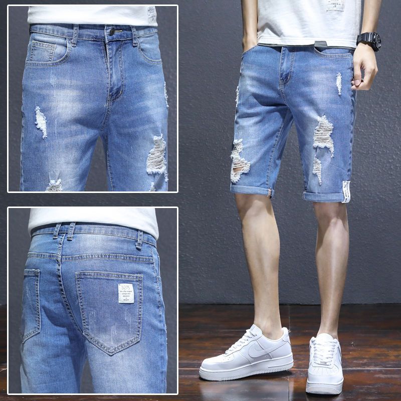 Denim shorts men's thin section ripped five-point jeans men's Korean version loose horse pants trendy teenage trousers