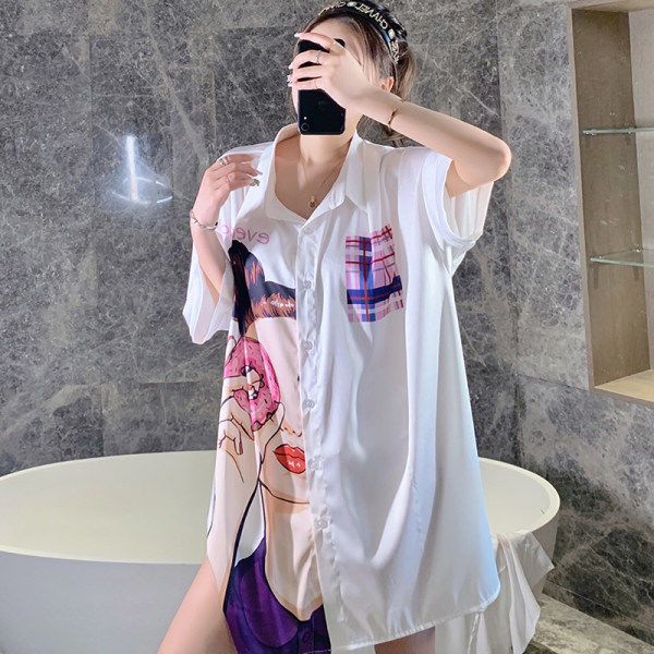 2021 spring, summer and autumn new nightdress blouse collar mid-length large size ice silk thin private sexy pajamas