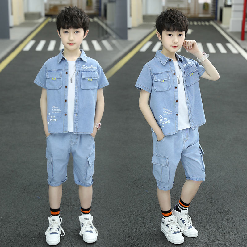 儿童装男童夏装牛仔套装新款中大童夏季短袖男孩两件套韩版潮