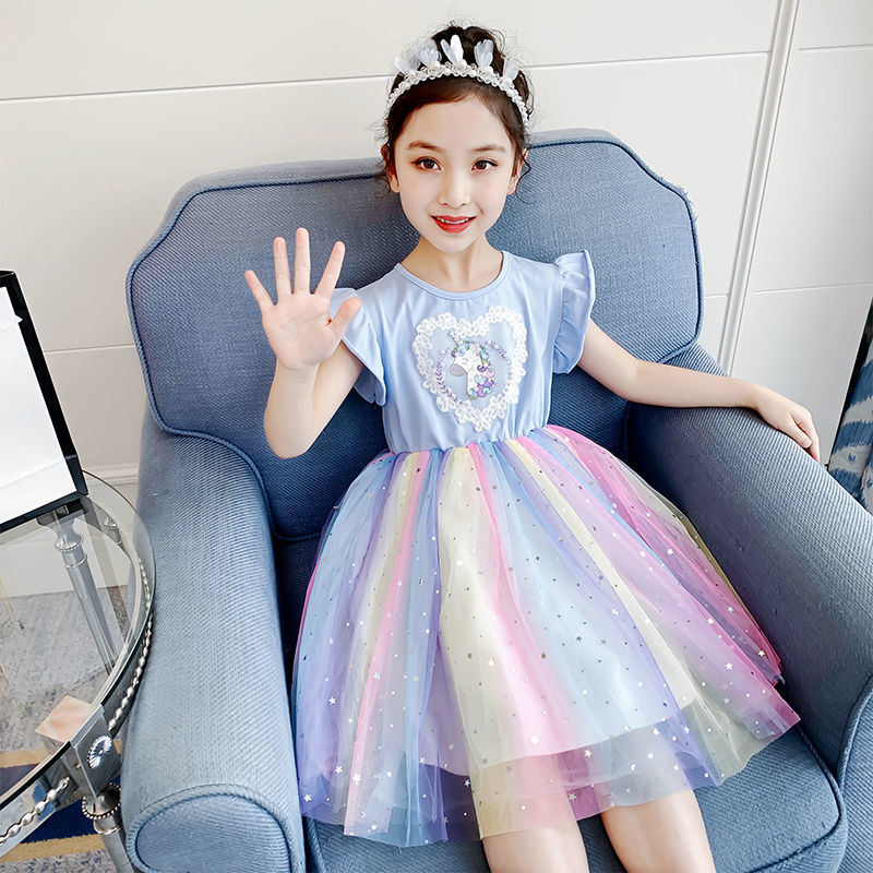 女童夏裝連衣裙2021新款洋氣網紗公主裙女兒童裙子夏季女孩彩虹裙